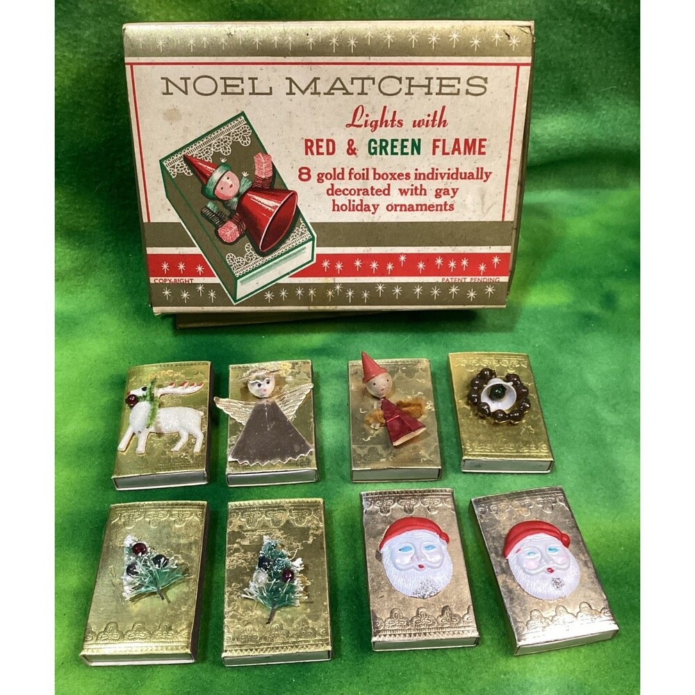 Christmas Matchbox 8 Noel Matches Gold Foil Boxes Decorated Holiday Ornaments